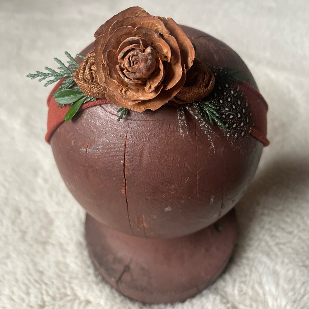 ‘Redwood’ Rust Pine Cone Rose Tie Back Headband